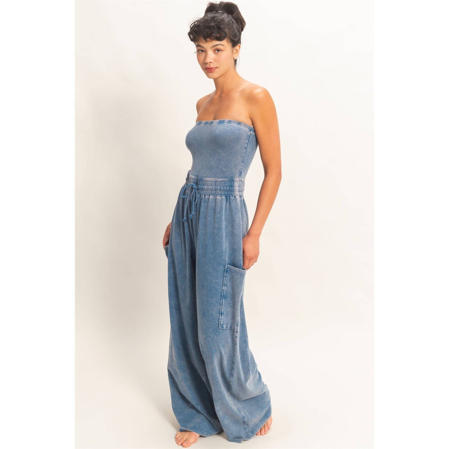 Mineral Wash Strapless Wide-Leg Jumpsuit