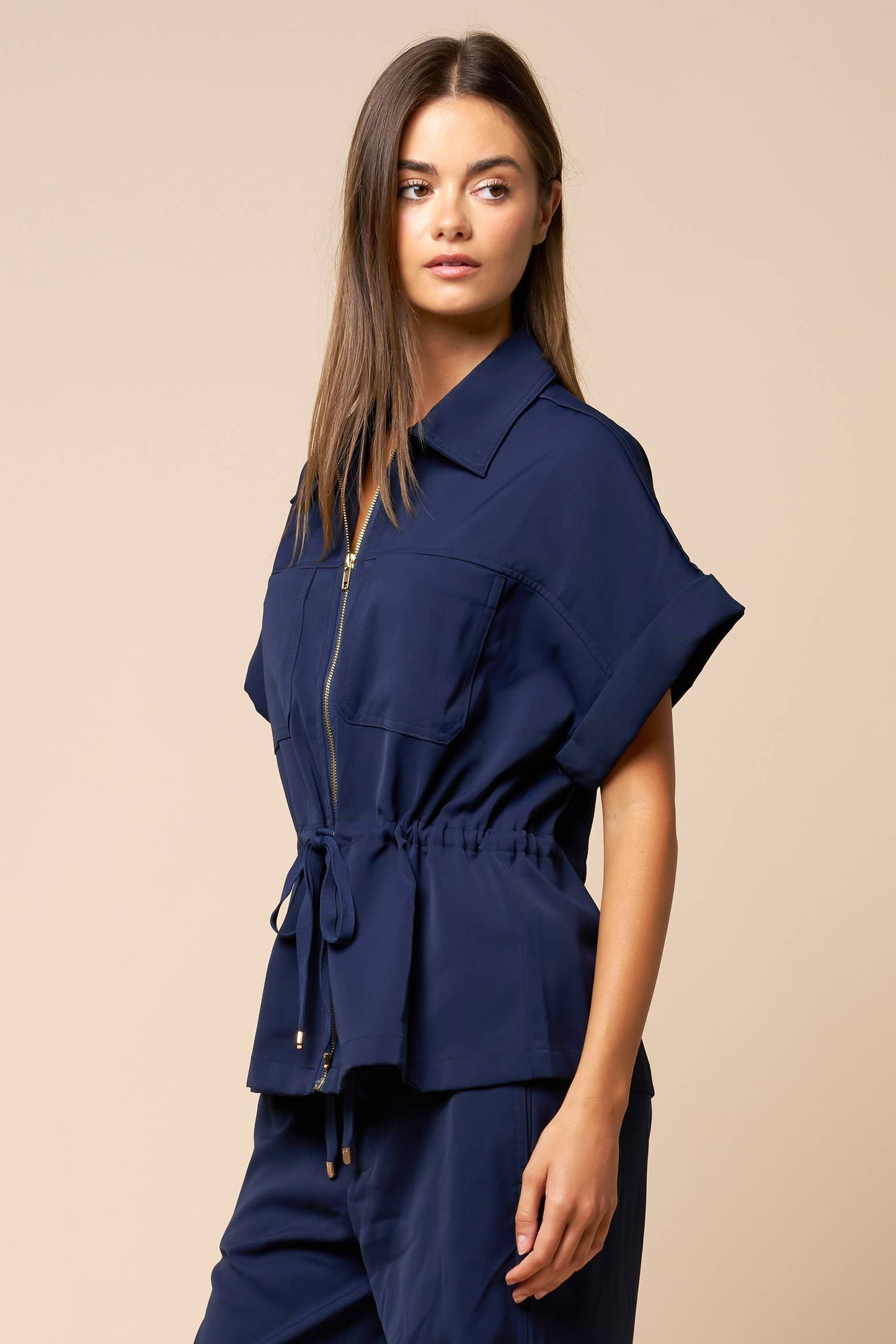 Front Zipper Closure Collared Drawstring Blouse