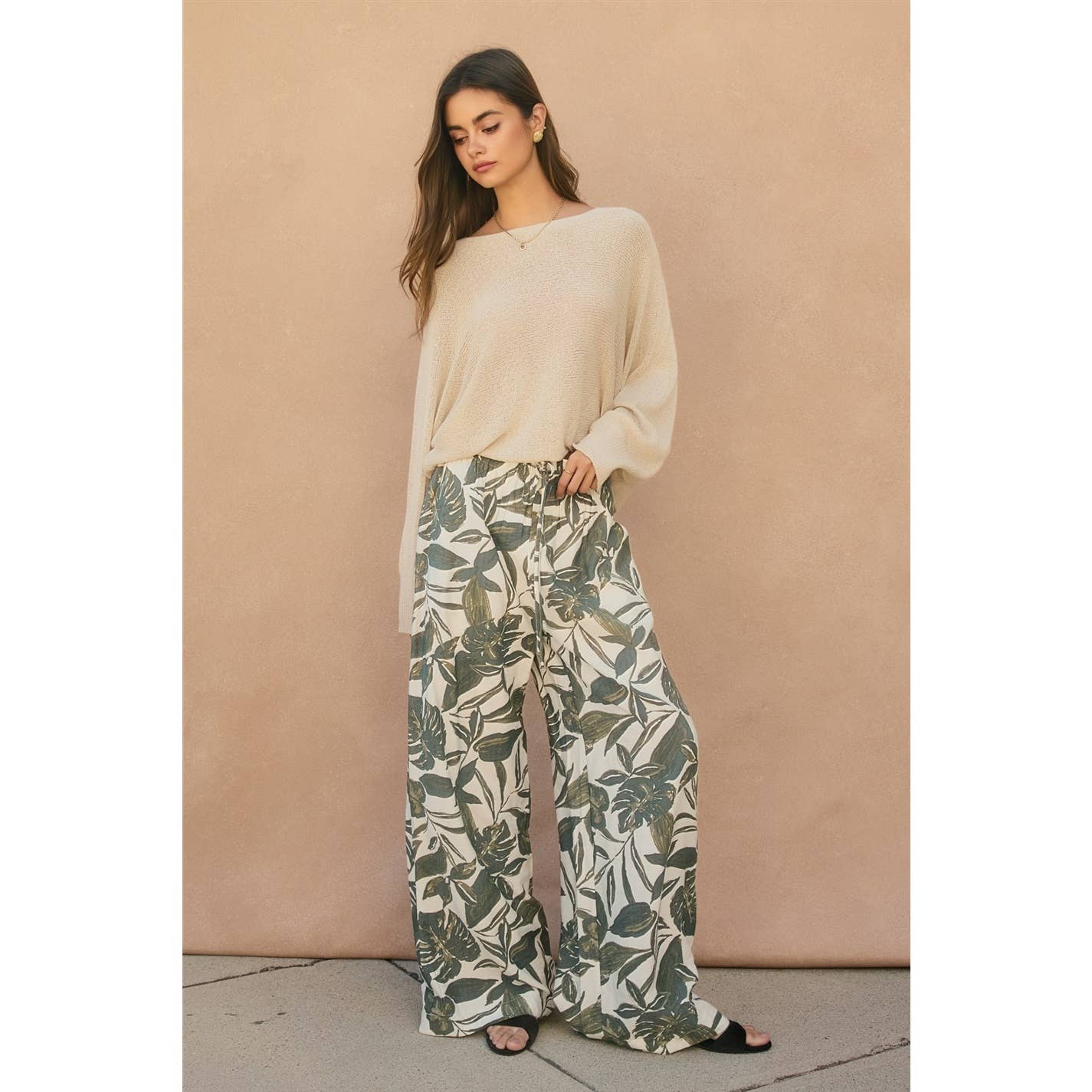 Swaying Palms Button Fly Wide Leg Pants