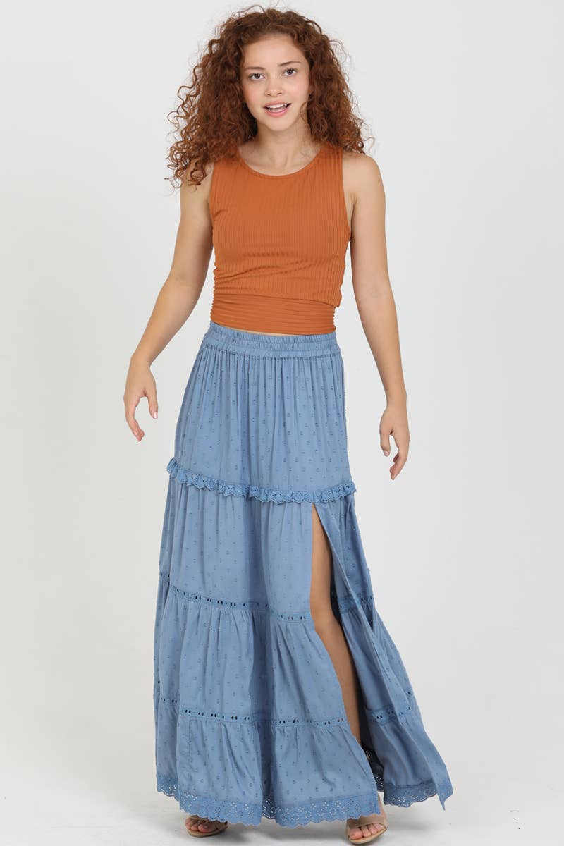 26P74-ASIS TIERED MAXI SKIRT WITH LACE TRIM AND SLIT