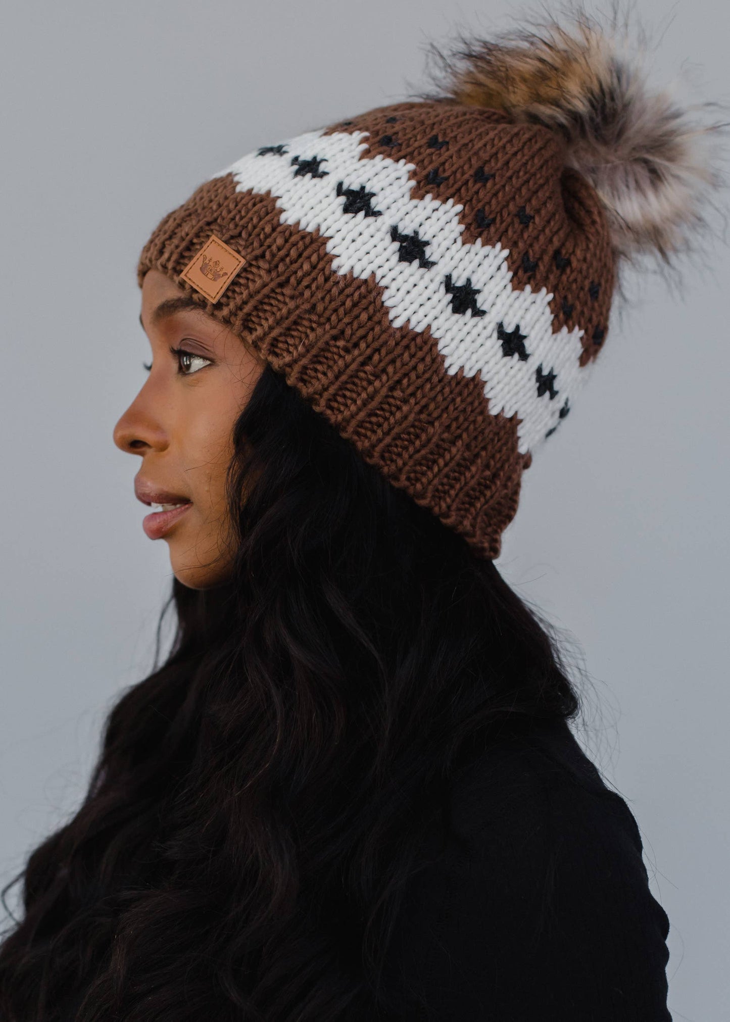 Light Brown Patterned Pom Hat