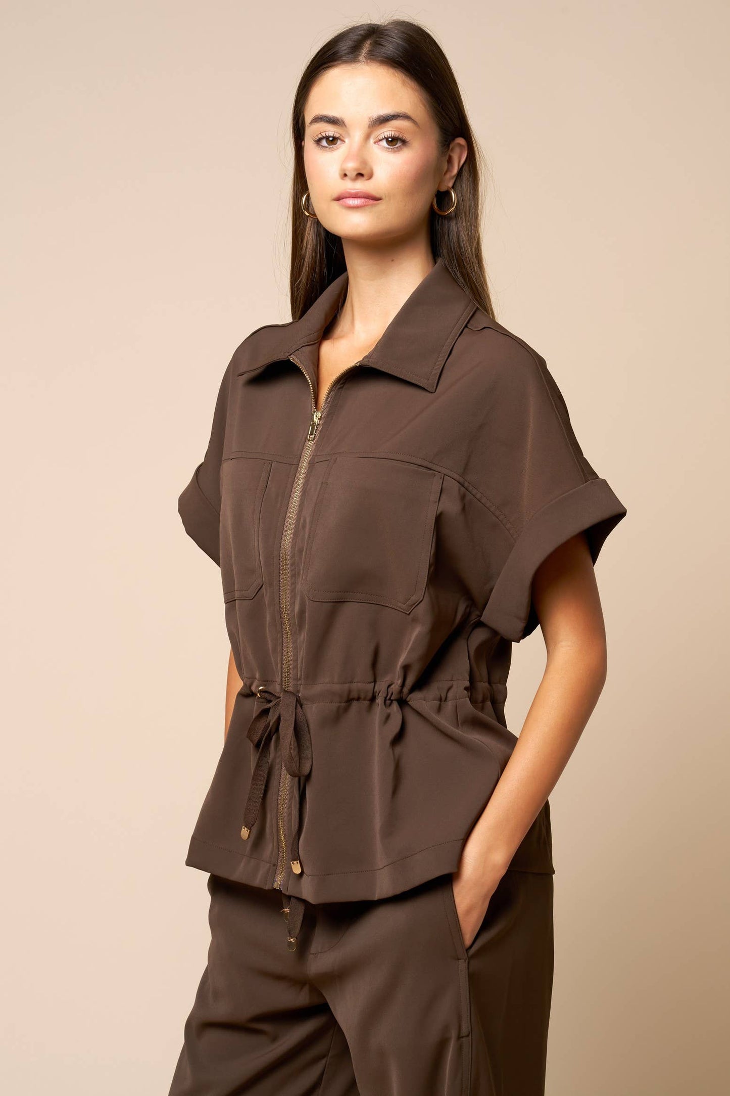 Front Zipper Closure Collared Drawstring Blouse
