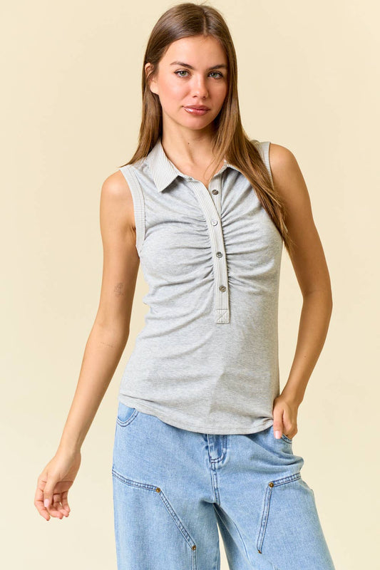 Stripe Collar Neck Sleeveless Polo Top