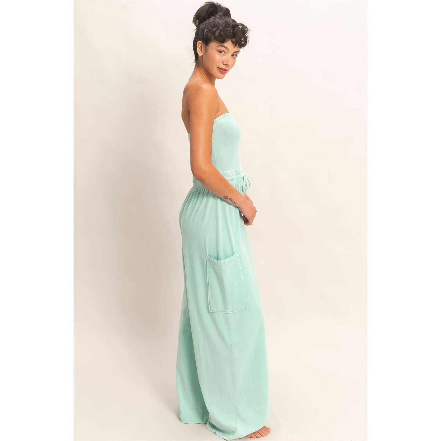 Mineral Wash Strapless Wide-Leg Jumpsuit