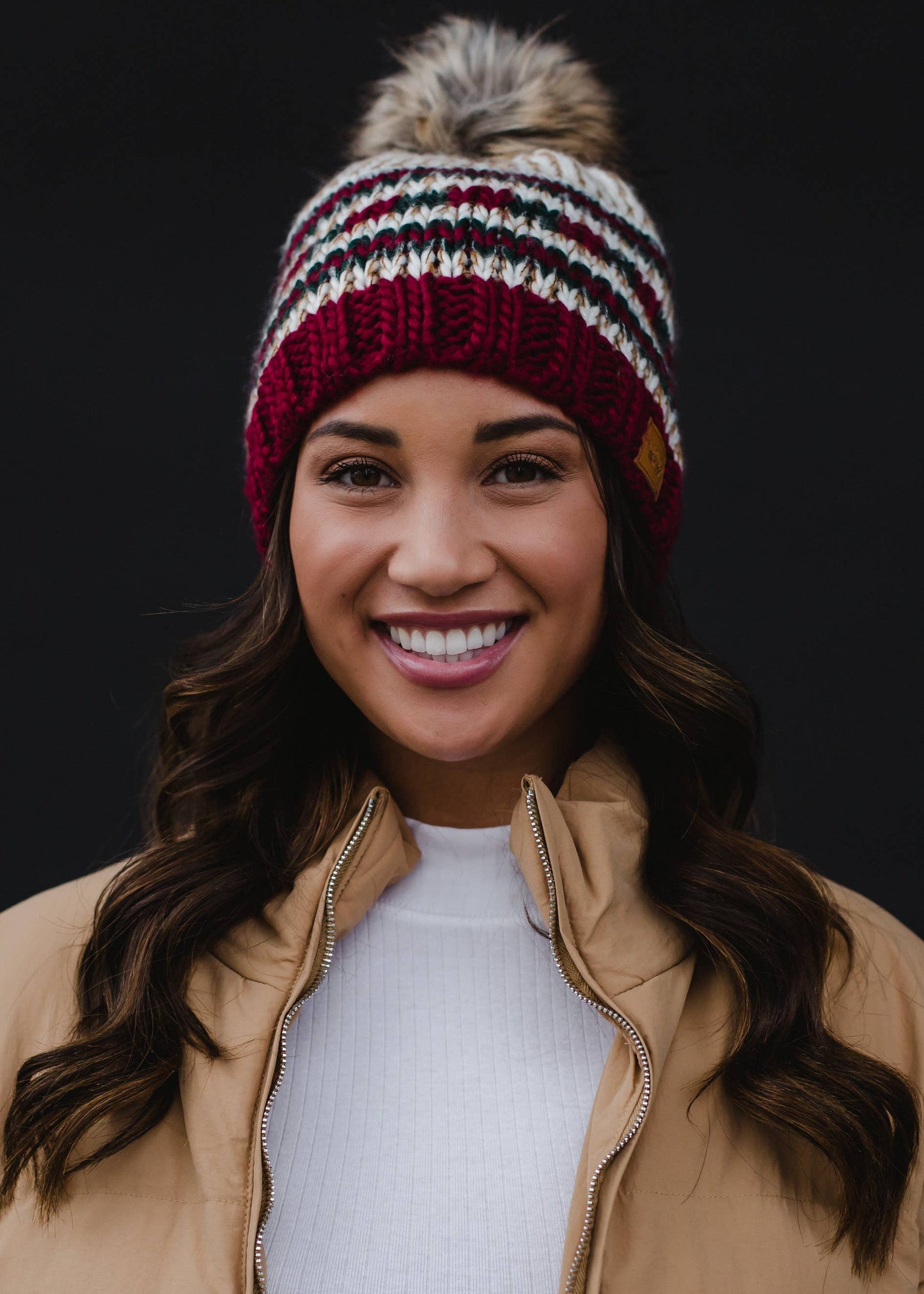 Beige, Red & Green Striped Pom Hat