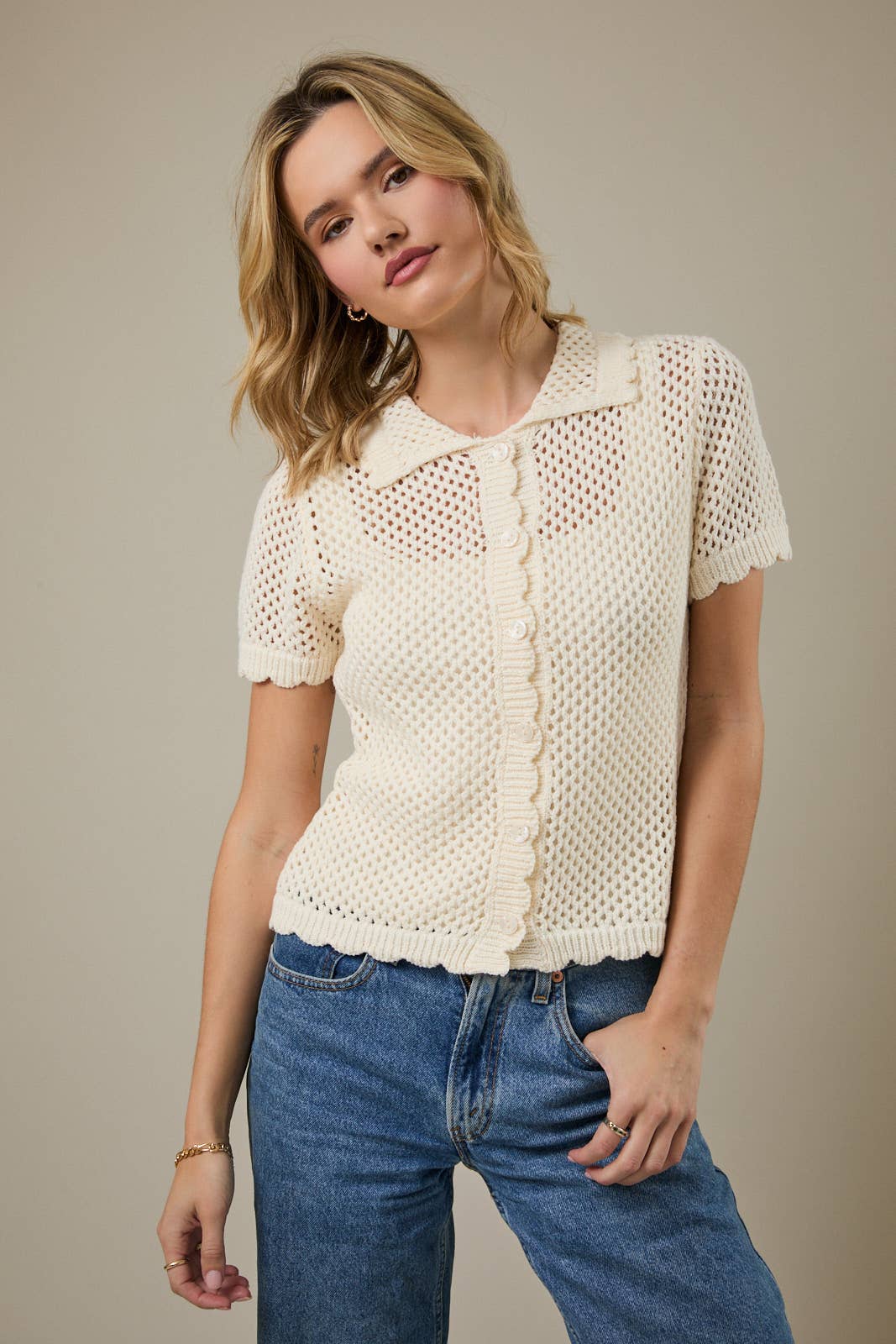COLLARED BUTTON DOWN SHORT SLEEVE CROCHET TOP