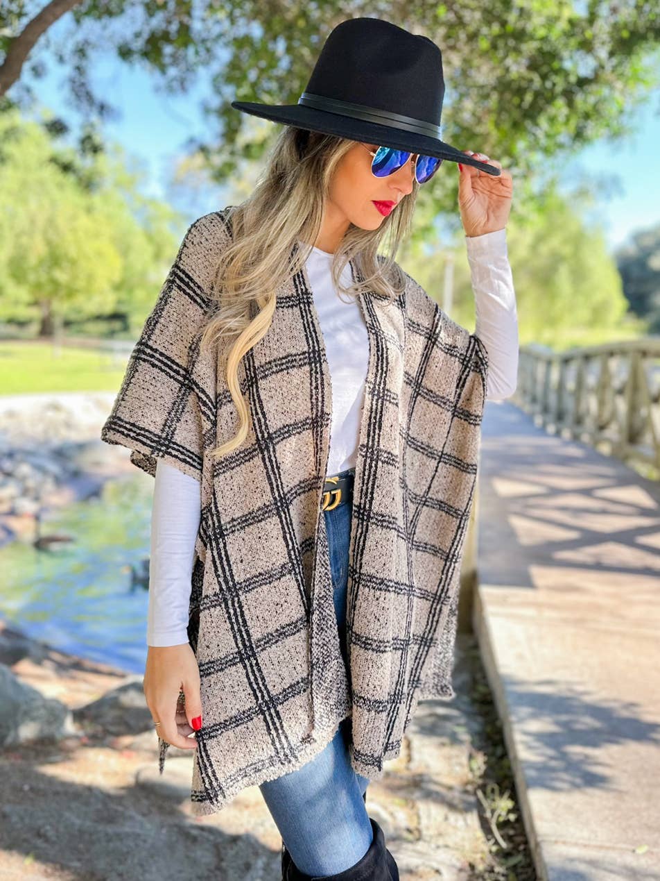 Oatmeal Plaid Knit Ruana Cardigan