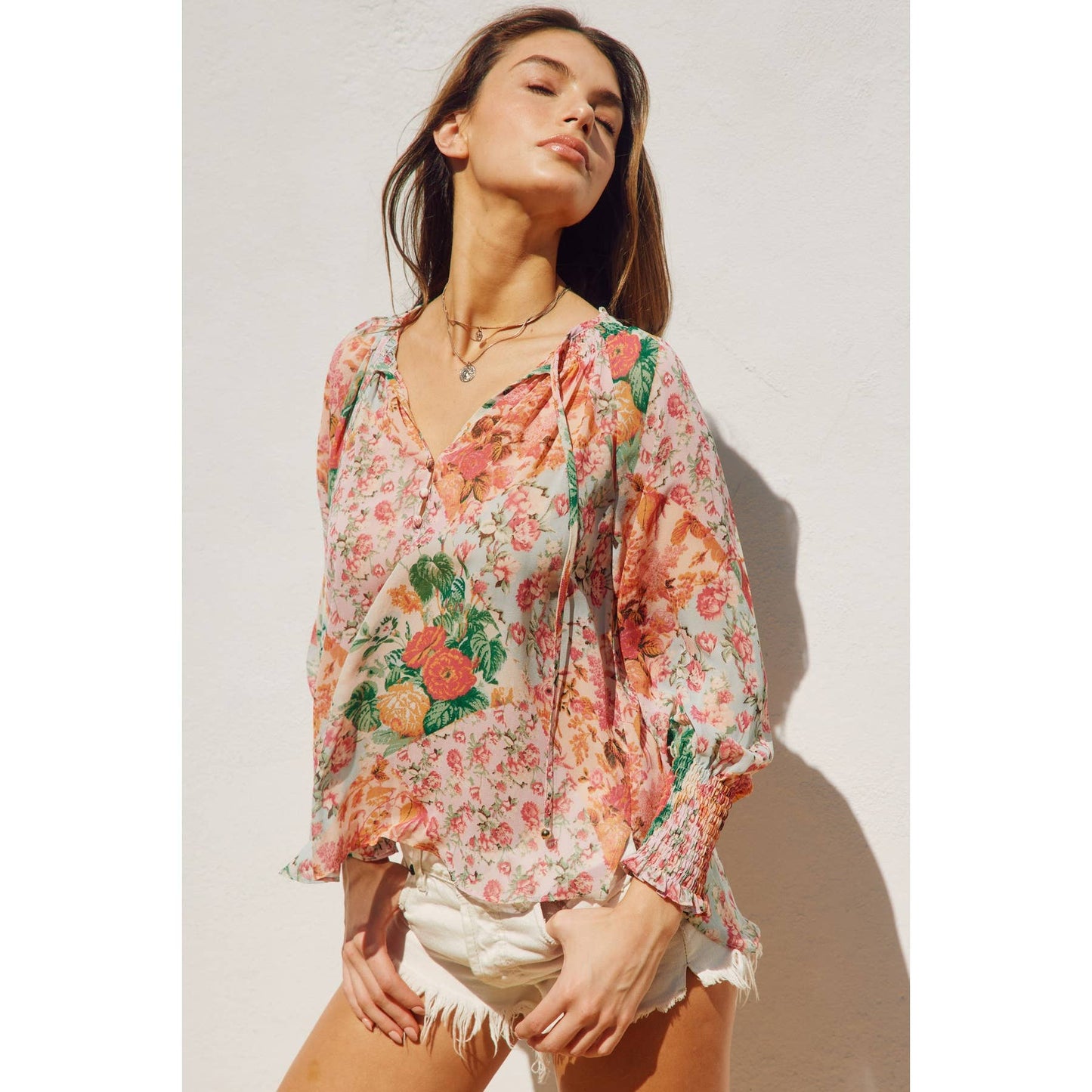 Flower Patch Smocked Neckline Flowy Blouse