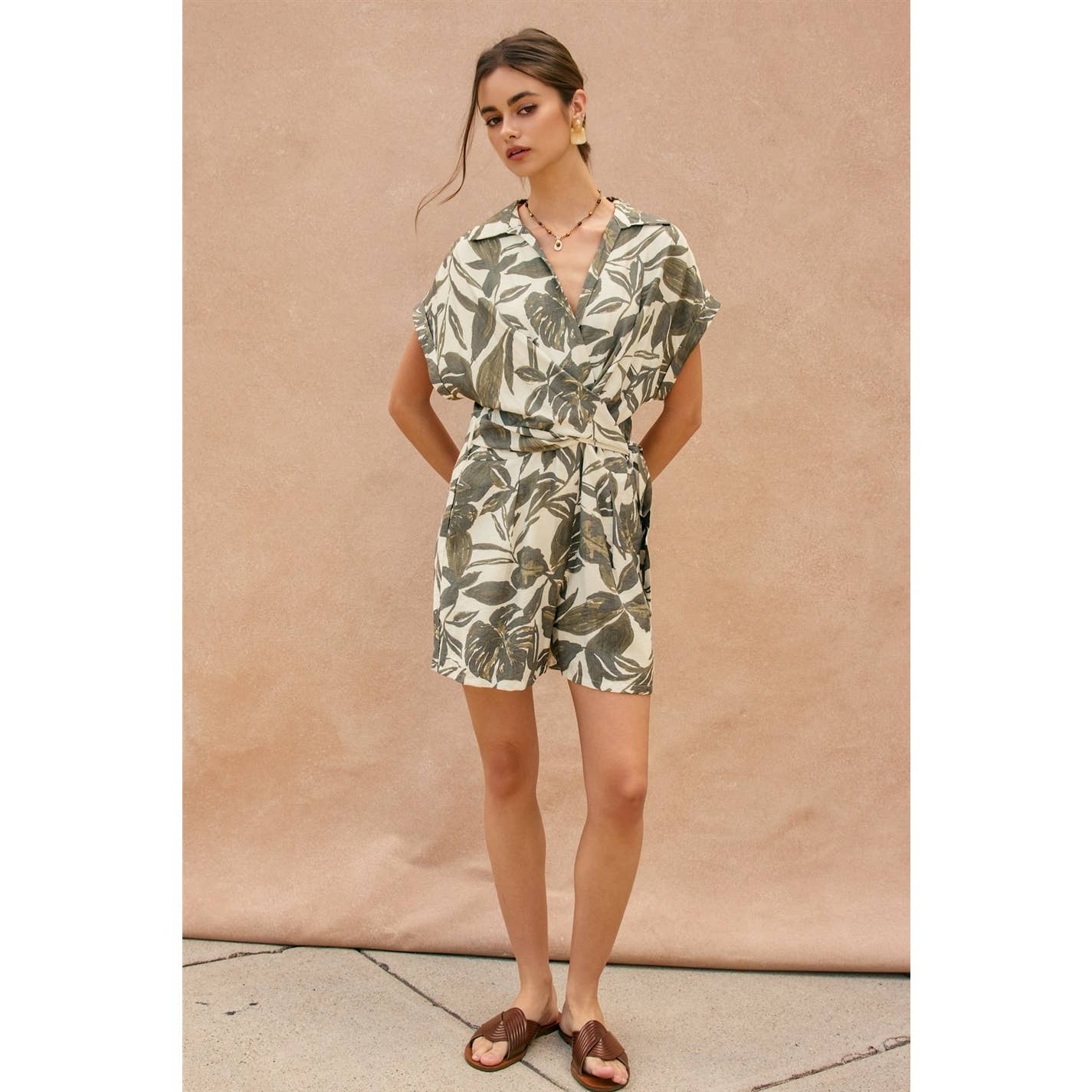 Swaying Palms Surplice Waist Tie Romper