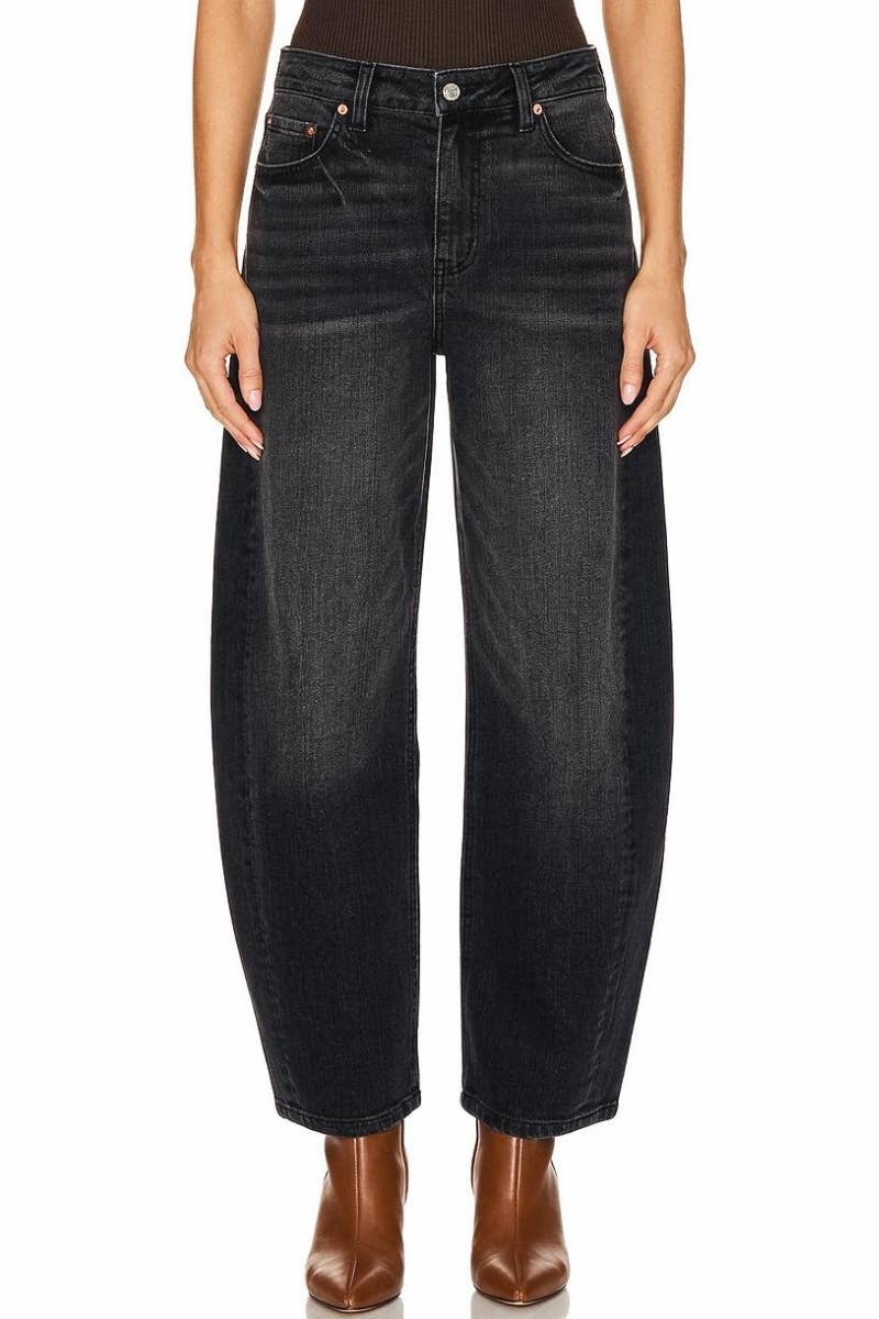 Black wash barrel denim