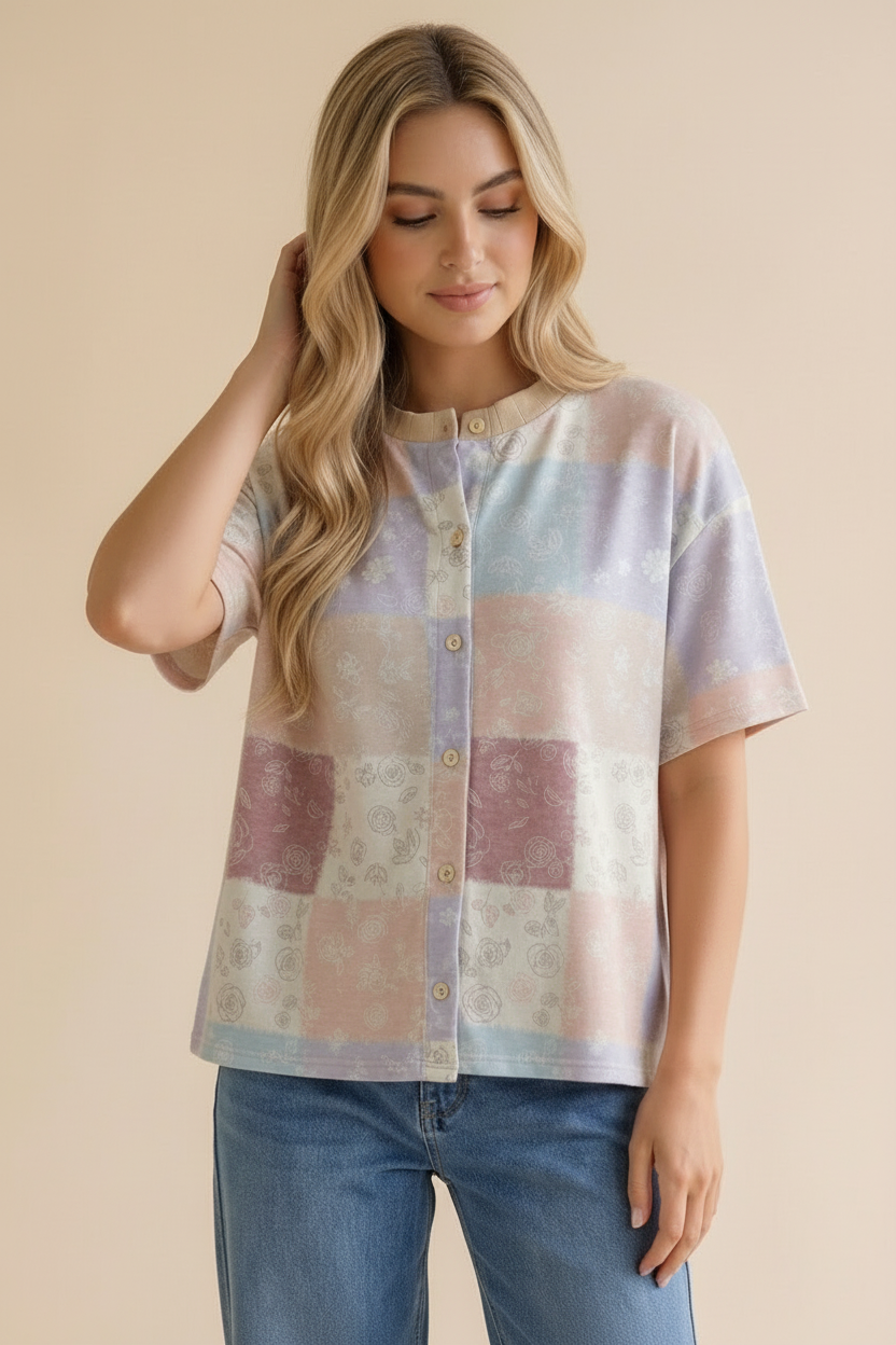 Crew Neck Button Down Patchwork Cardigan