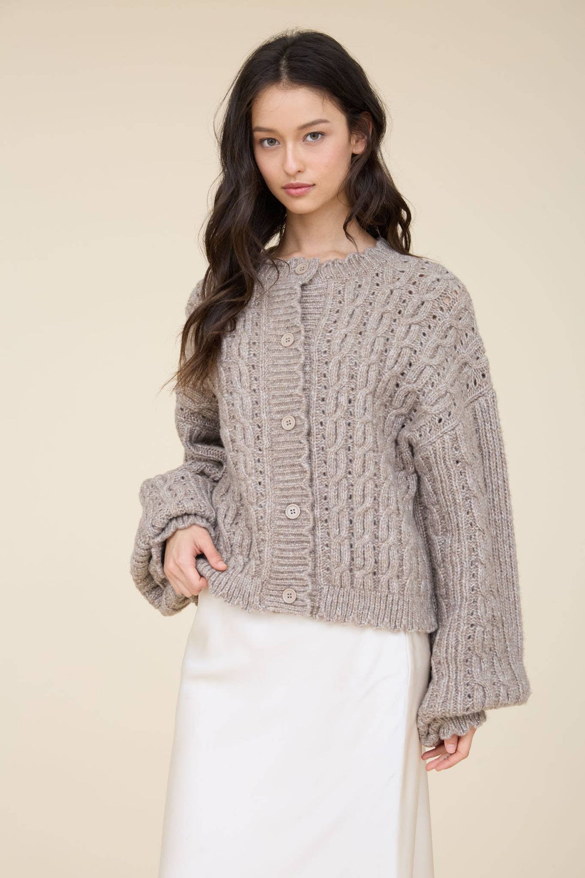EYELET CABLE KNIT SCALLOPED TRIM KNIT CARDIGAN