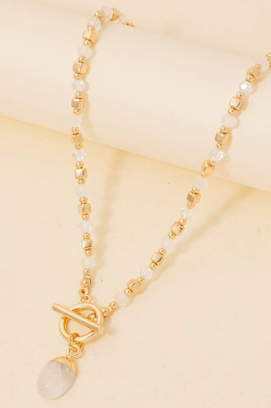 Oval Stone Pendant Beaded Toggle Chain Necklace