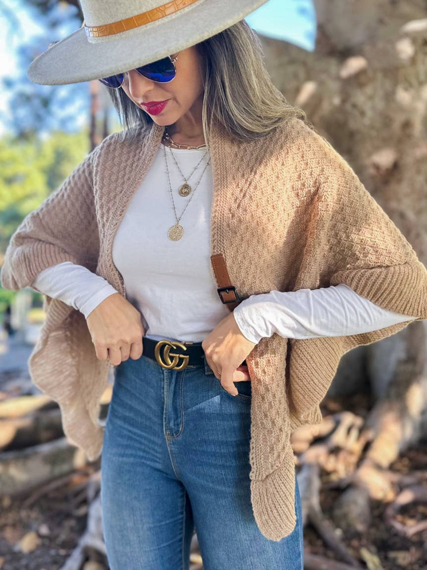 Taupe Boho Triangle Ruffle Shawl with Faux Leather Buckle