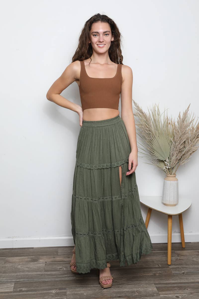 26P74-ASIS TIERED MAXI SKIRT WITH LACE TRIM AND SLIT