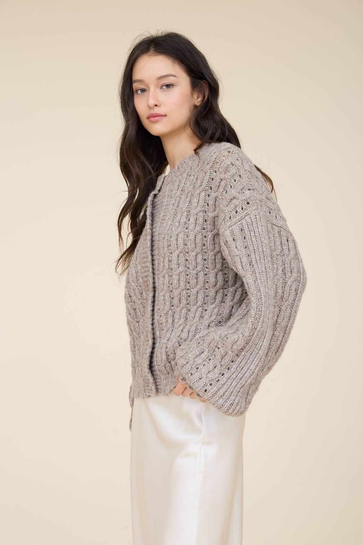 EYELET CABLE KNIT SCALLOPED TRIM KNIT CARDIGAN