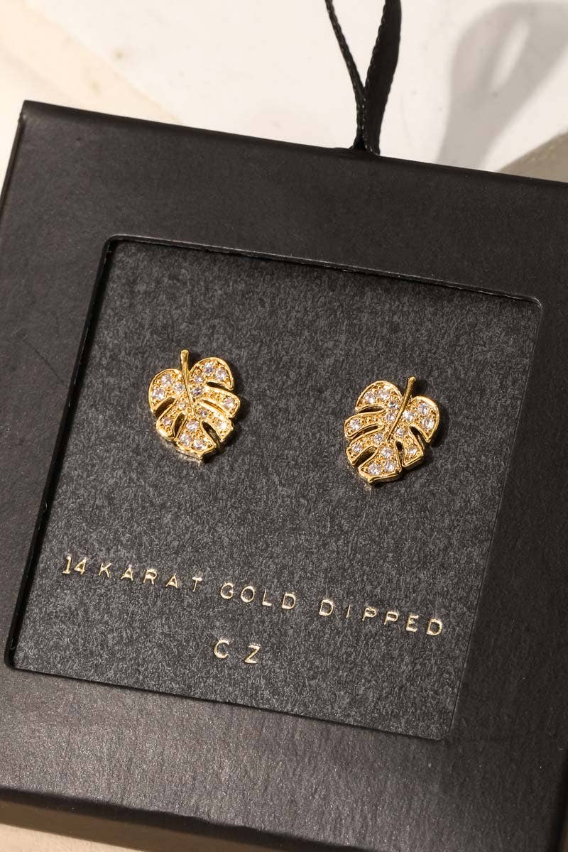 Secret Box Pave Monstera Leaf Stud Earrings