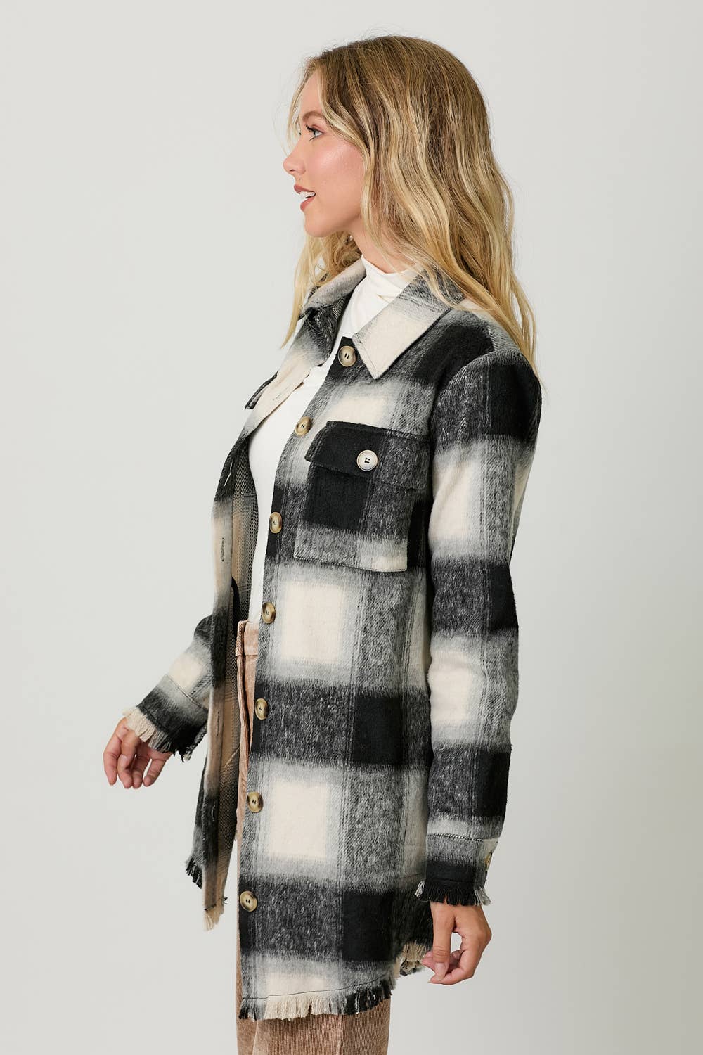 Fringe Detailed Long Plaid Jacket