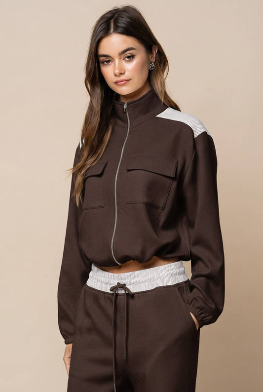 Color Block Zip Up Mock Neck Sweatshirt