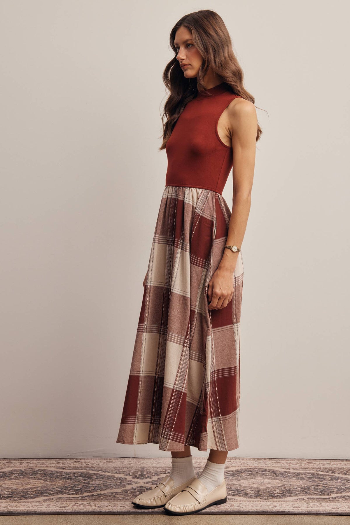 Mock Neck Mixed Media Plaid Midi Dress FD0068