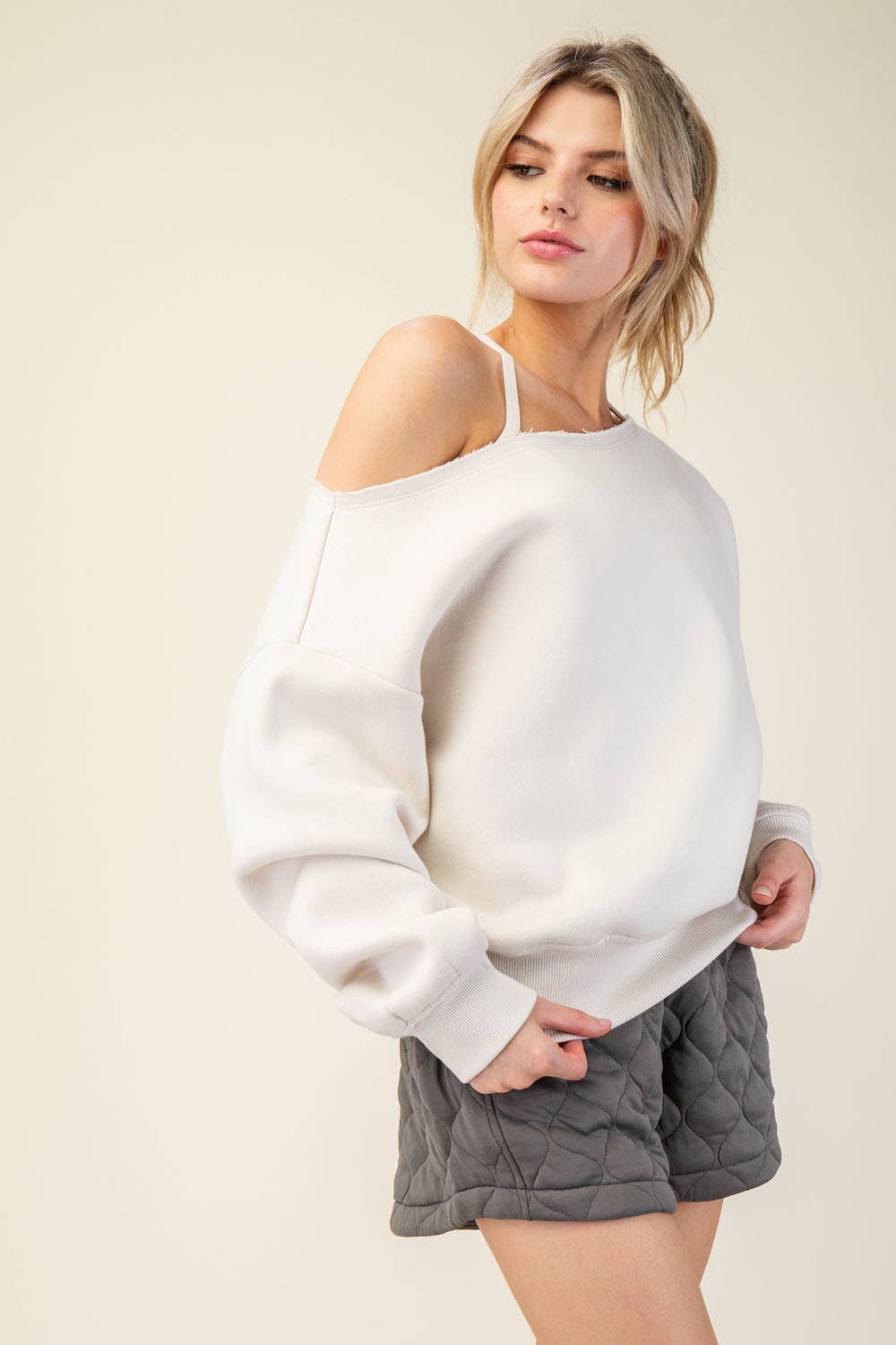 FRENCH TERRY FLEECE OFF SHOULDER TOP