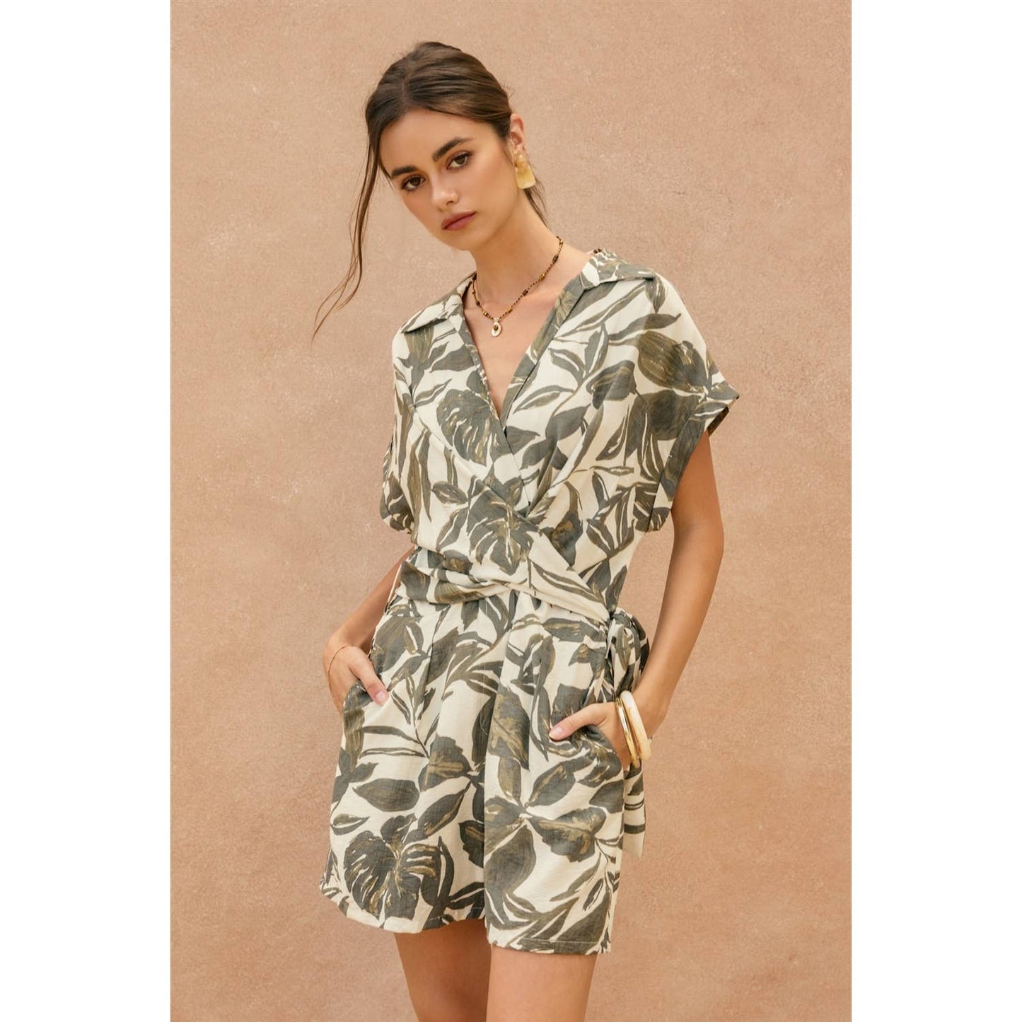 Swaying Palms Surplice Waist Tie Romper
