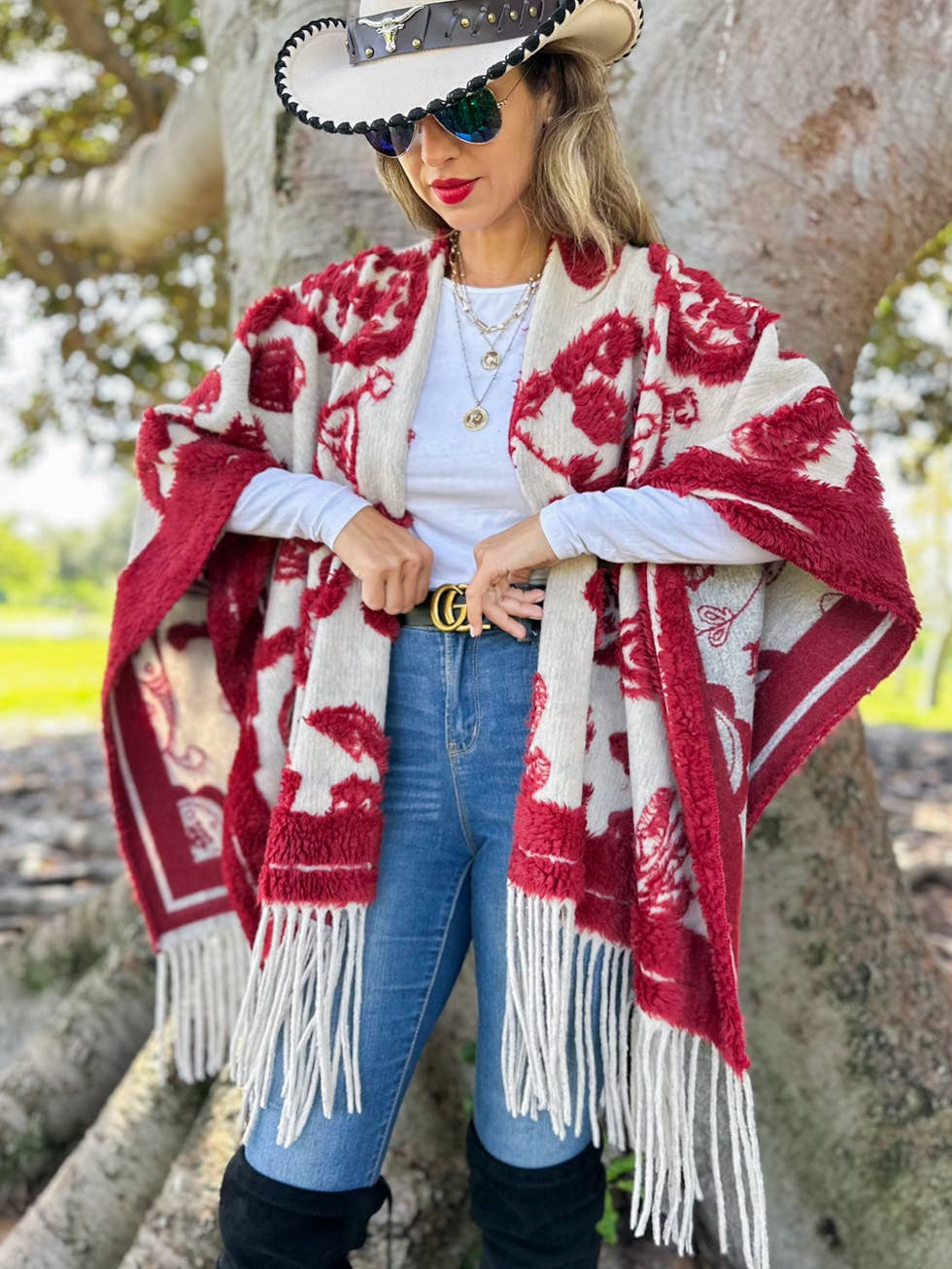 Red Western Boho 3D Fringe Ruana Cardigan