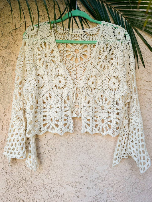 Ivory Unique Floral Open Front Long Sleeve Crochet Cardigan