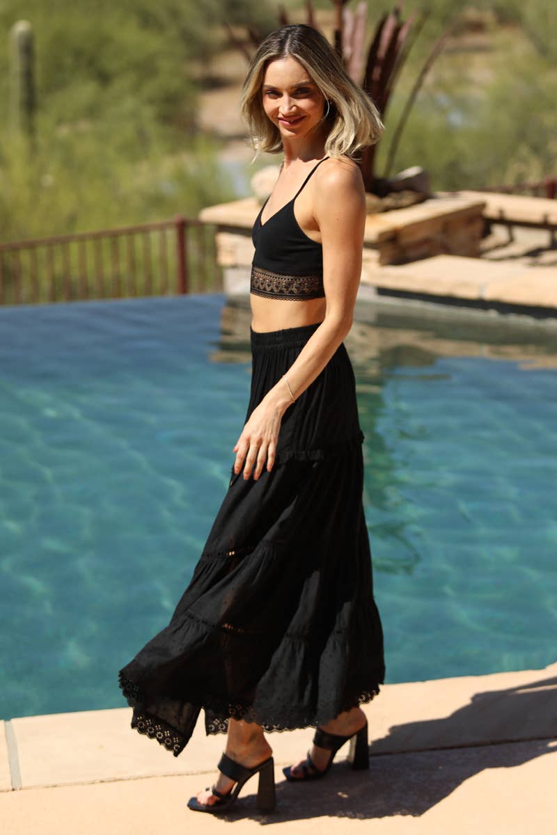 26P74-ASIS TIERED MAXI SKIRT WITH LACE TRIM AND SLIT