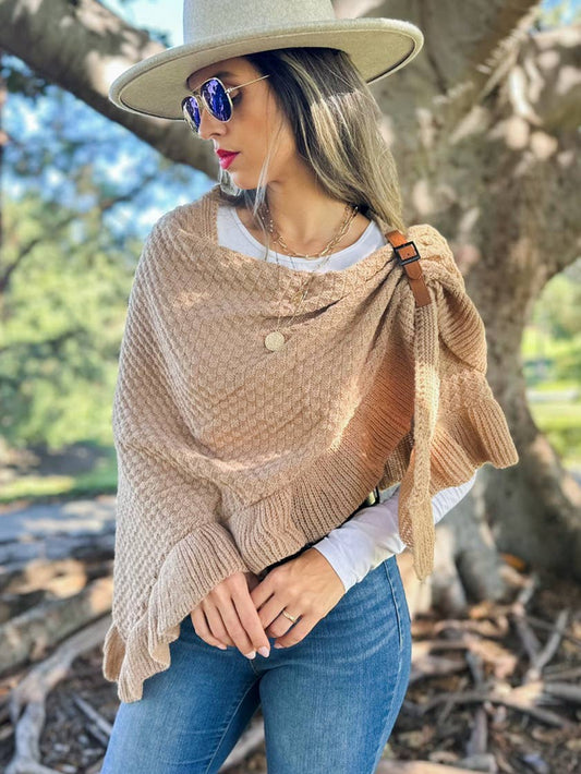 Taupe Boho Triangle Ruffle Shawl with Faux Leather Buckle