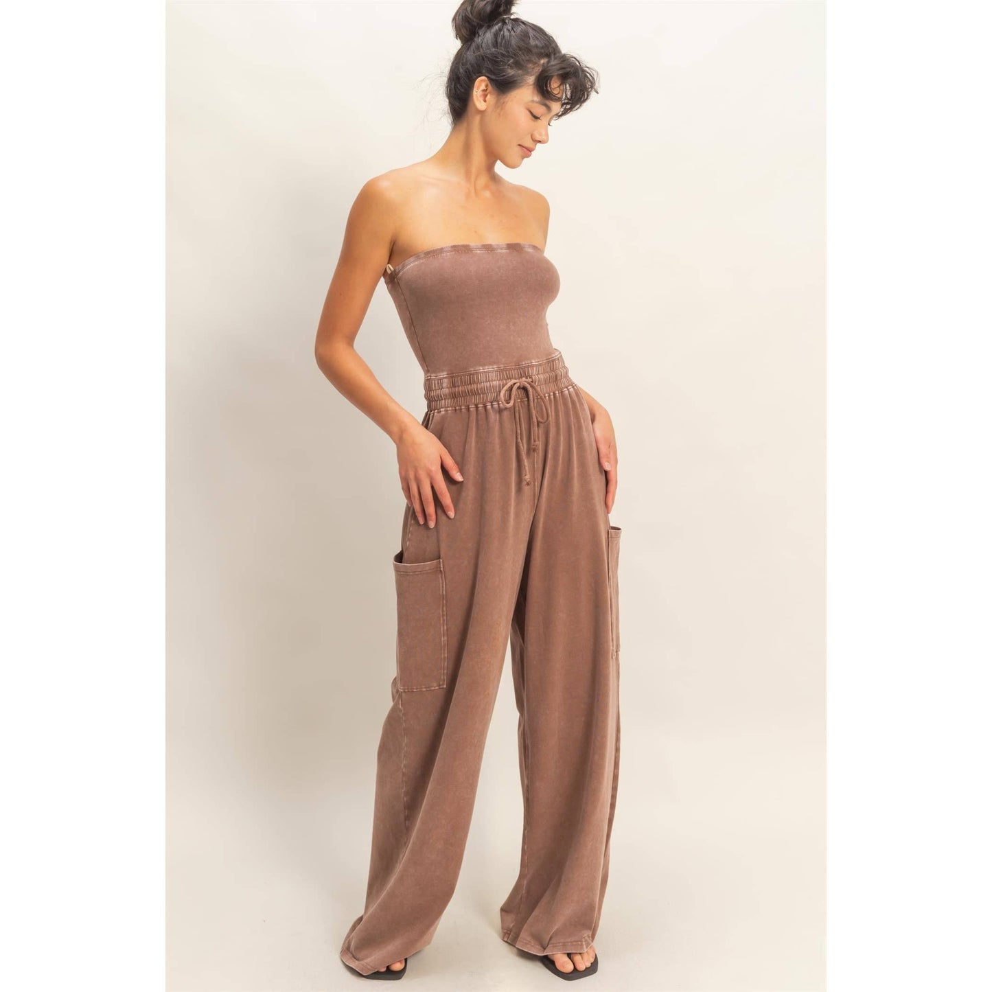 Mineral Wash Strapless Wide-Leg Jumpsuit