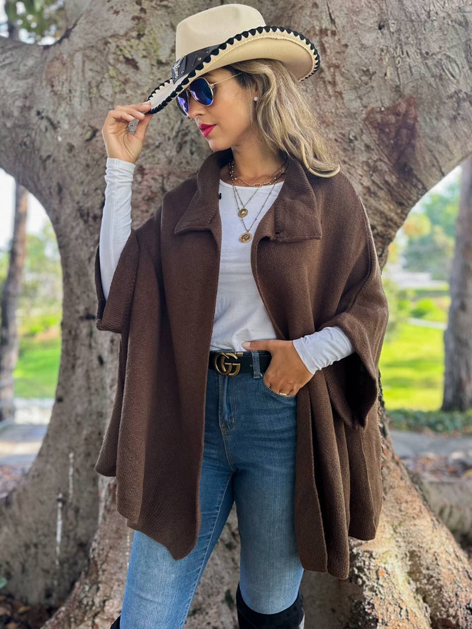 Button Neck Knit Cape Ruana Cardigan – Cozy Wrap