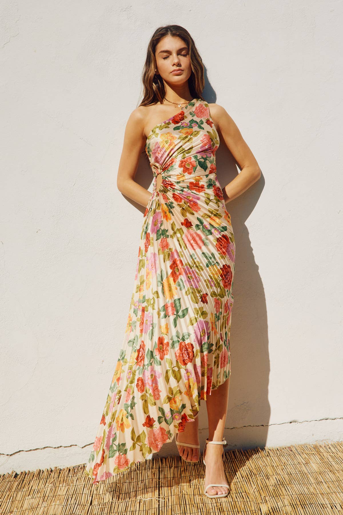 Floral One Shoulder Asymmetrical Pleated Dress
