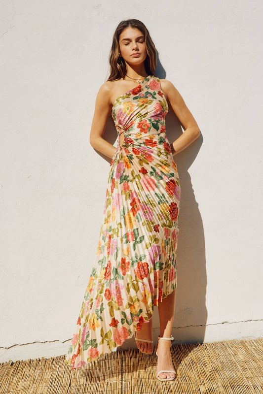 Floral One Shoulder Asymmetrical Pleated Dress