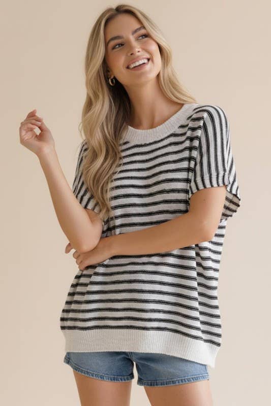 Dolman Short Sleeve Stripe Sweater Knit Top