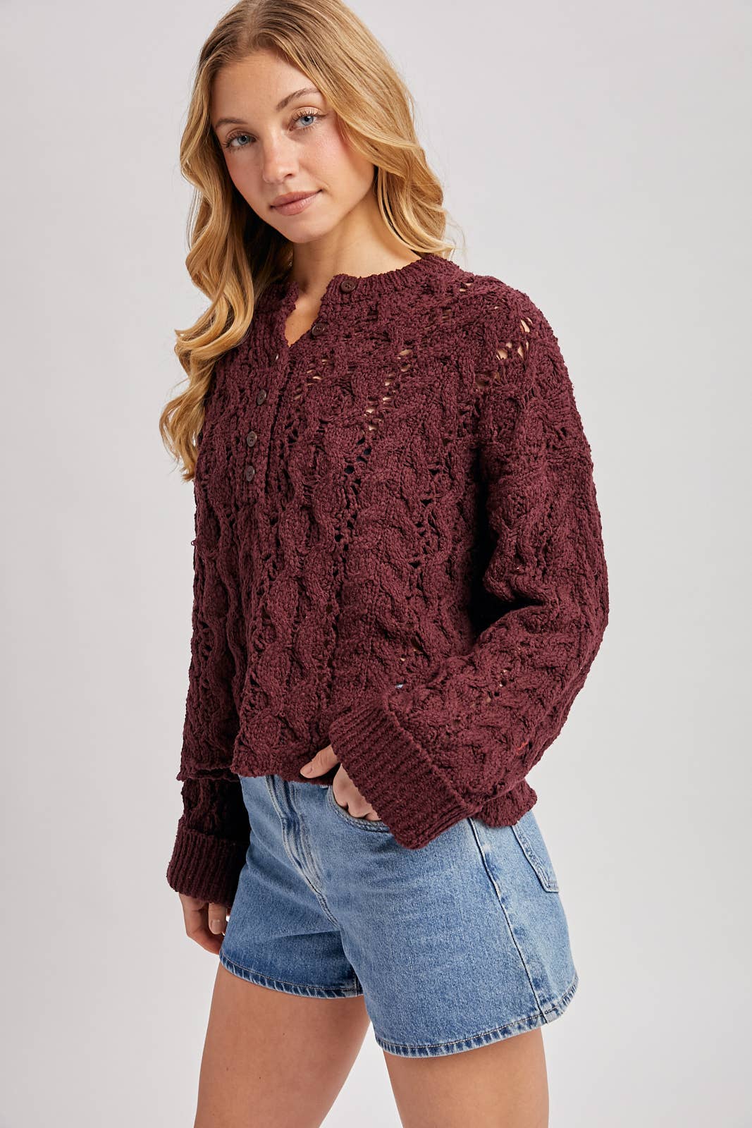 HALF-BUTTON DOWN OPEN KNIT SWEATER