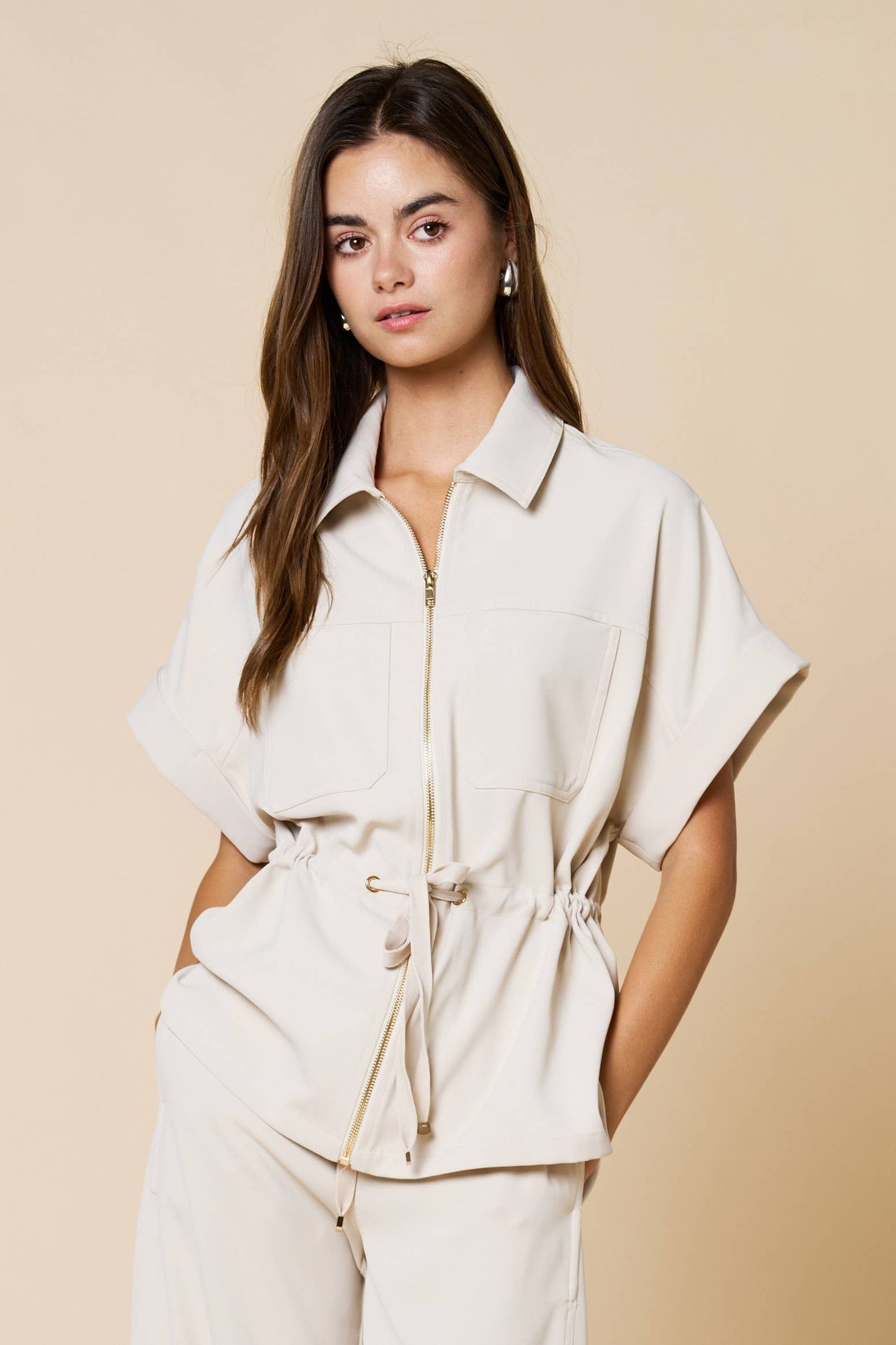 Front Zipper Closure Collared Drawstring Blouse