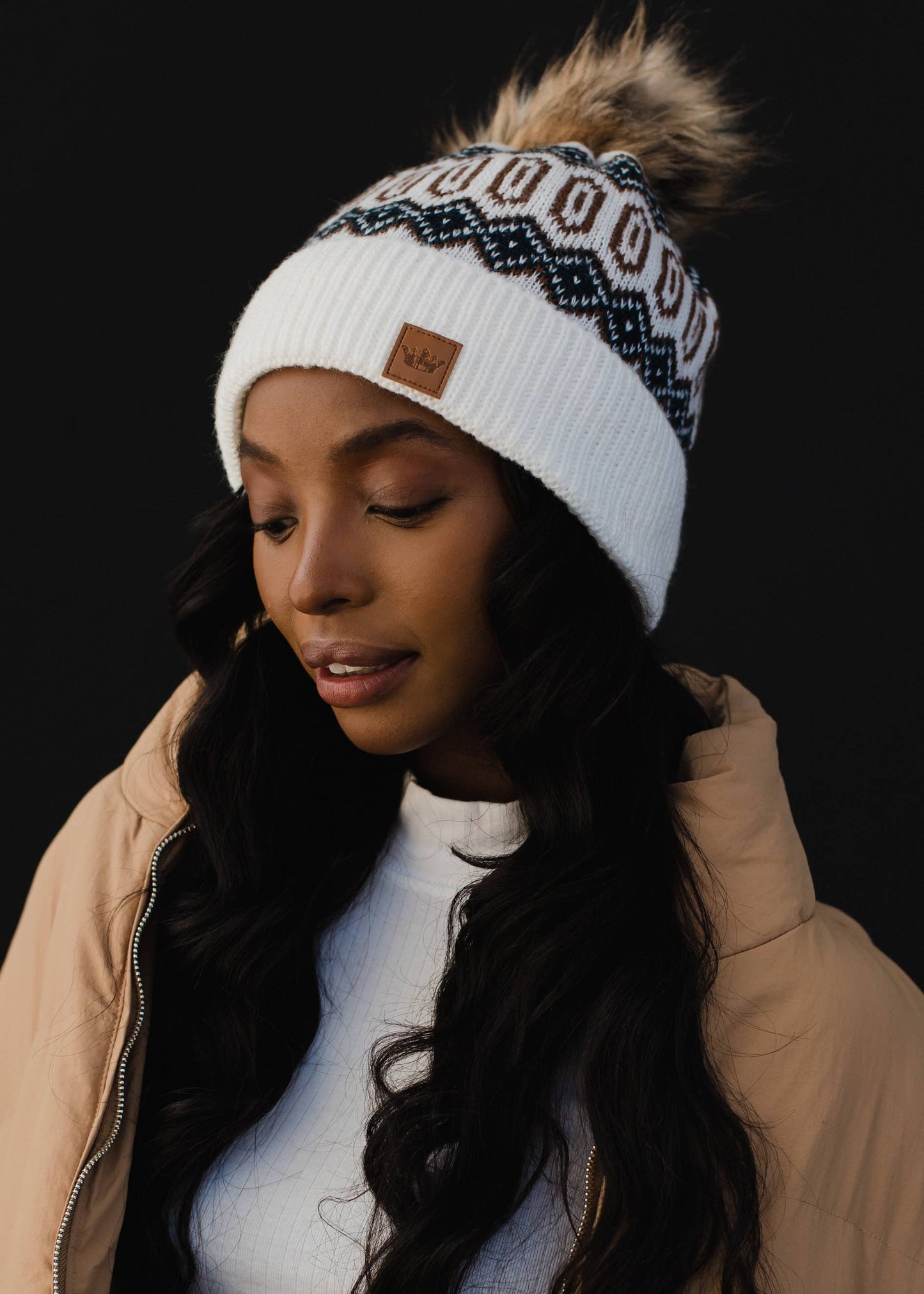 Off White w/ Navy & Brown Patterned Pom Hat