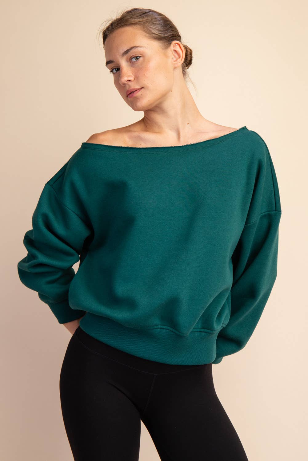 FRENCH TERRY FLEECE OFF SHOULDER TOP
