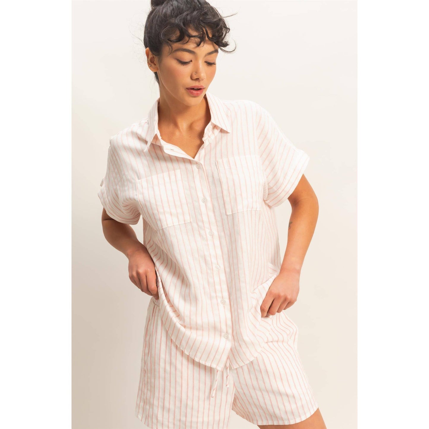 Striped Button-Up Dolman Sleeve Shirt