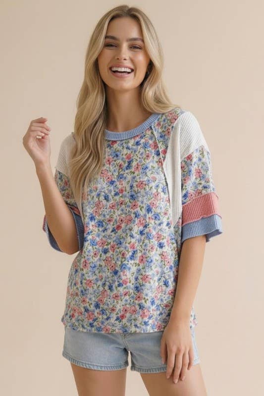 Short Sleeve Color Block Floral Knit Top