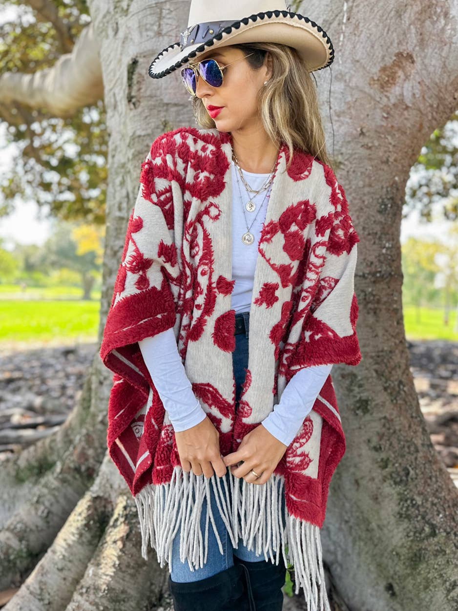 Red Western Boho 3D Fringe Ruana Cardigan