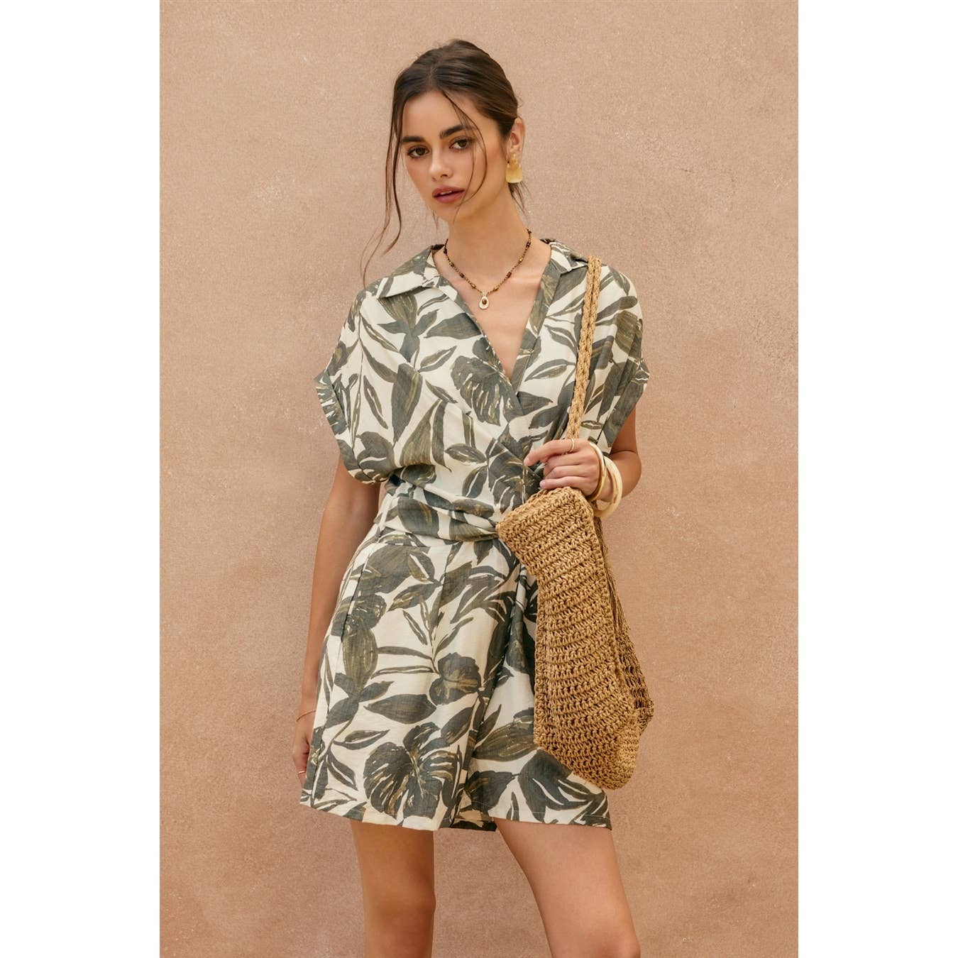 Swaying Palms Surplice Waist Tie Romper