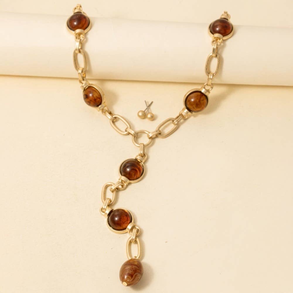 Dome Station Studs Oval Chain Necklace Set