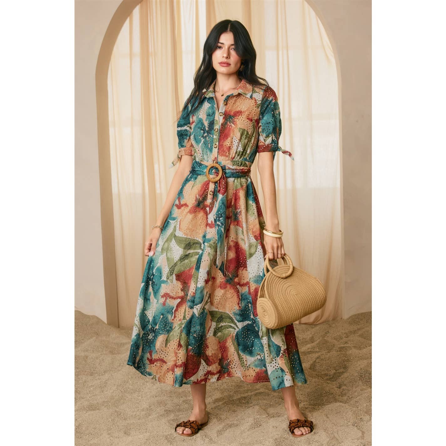 Sunset Whispers Eyelet Buckled Shirt Dress