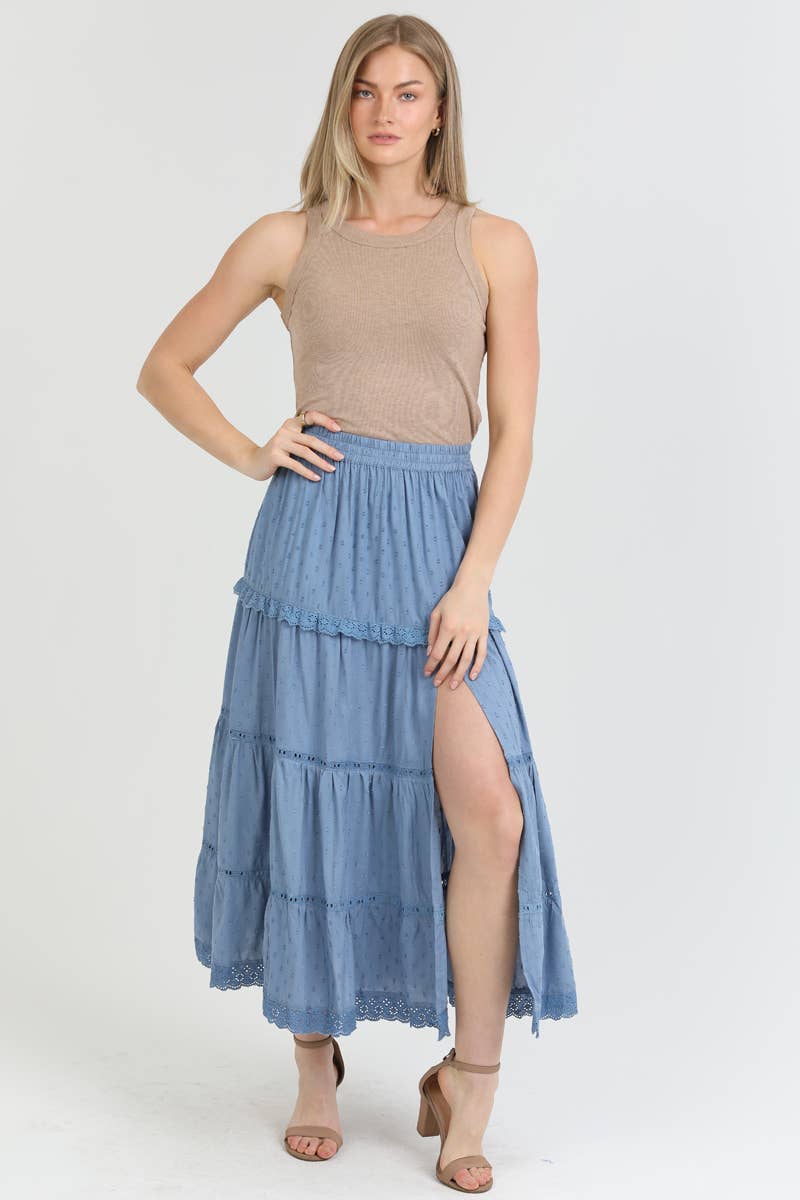 26P74-ASIS TIERED MAXI SKIRT WITH LACE TRIM AND SLIT