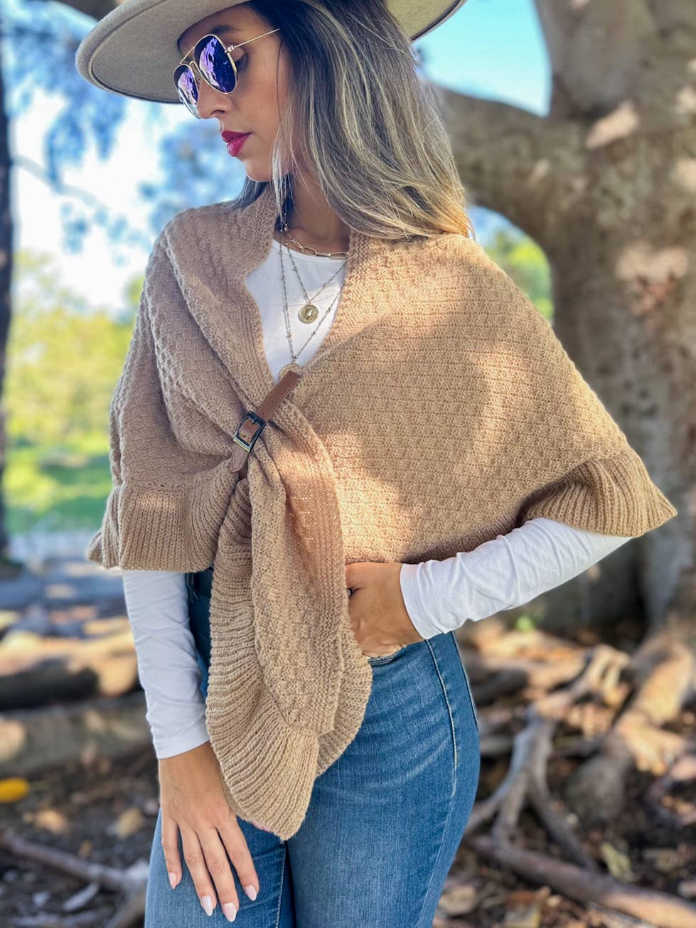 Taupe Boho Triangle Ruffle Shawl with Faux Leather Buckle