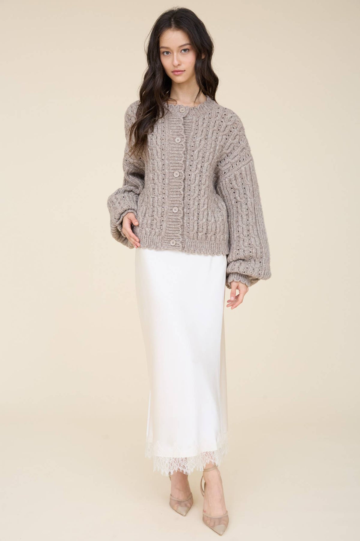 EYELET CABLE KNIT SCALLOPED TRIM KNIT CARDIGAN