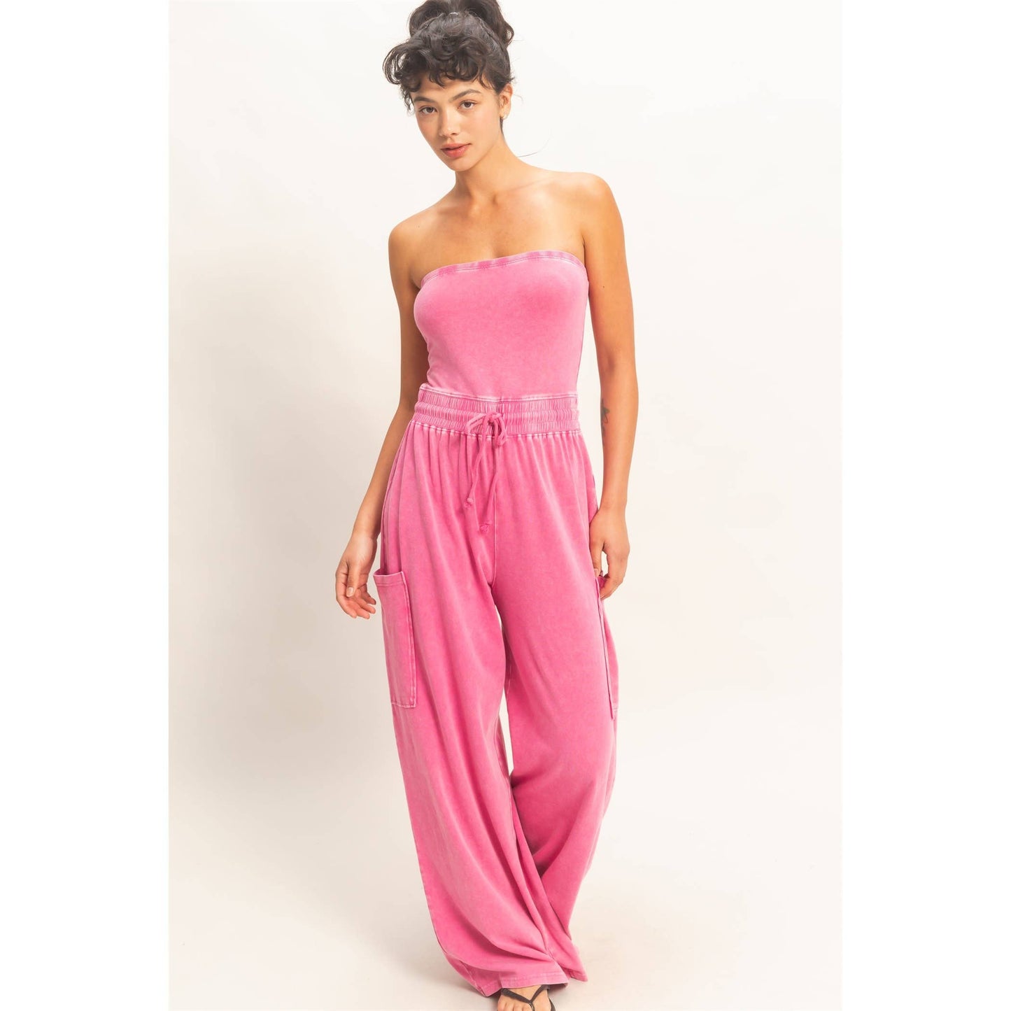 Mineral Wash Strapless Wide-Leg Jumpsuit