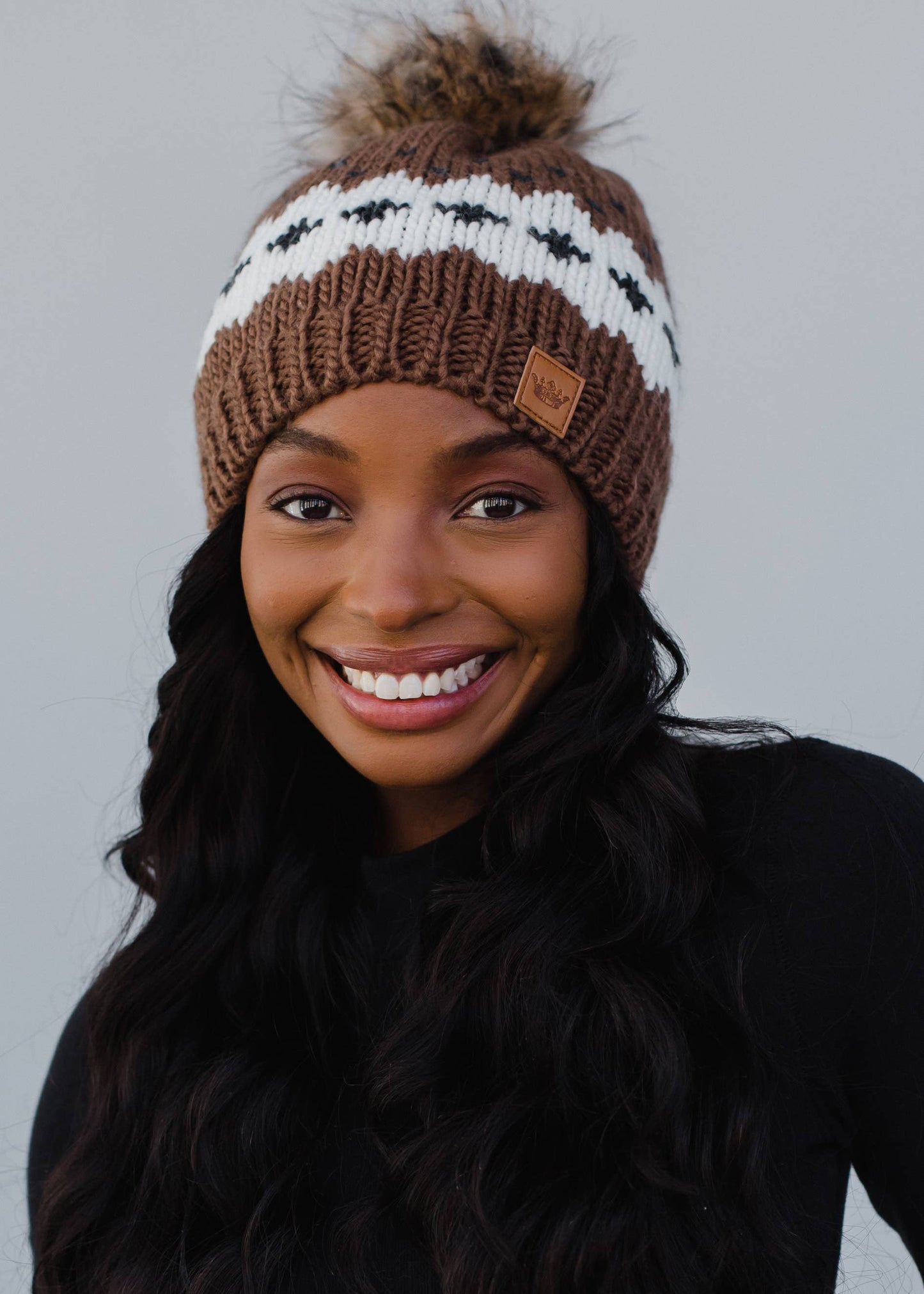 Light Brown Patterned Pom Hat